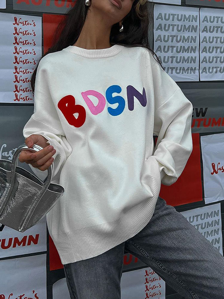 Women's Sweaters Women O neck Letter Embroidery Pullovers Warm Thick Long Sleeve Knitted Sweaters Female Casual Stylish Loose Knit Streetwear 230