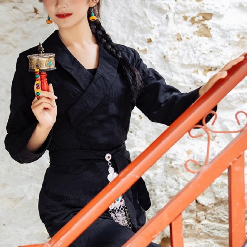 Red Tibet Clothing Lady Long Sleeve Slim Fit Bo La Dress Tibetan Girl Bola Long Robe Kangba Traditional Fashion Dance Black Gown