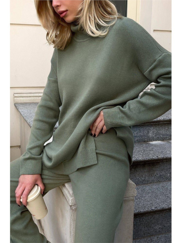 Women's Sweaters Elegant Solid Turtleneck Sweater Women Loose Long Sleeve Split Knitted Pullover Autumn Winter Casual Female Thick Warm Tops 2309