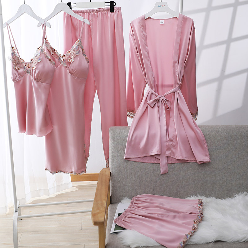 Sleepwear Hiloc Tassel Splicing Women Pama Pink Satin Women's Nightwear With Belt Sexy V-Neck Pijama Sets Pants Loose Five Piece Set Of Pamas