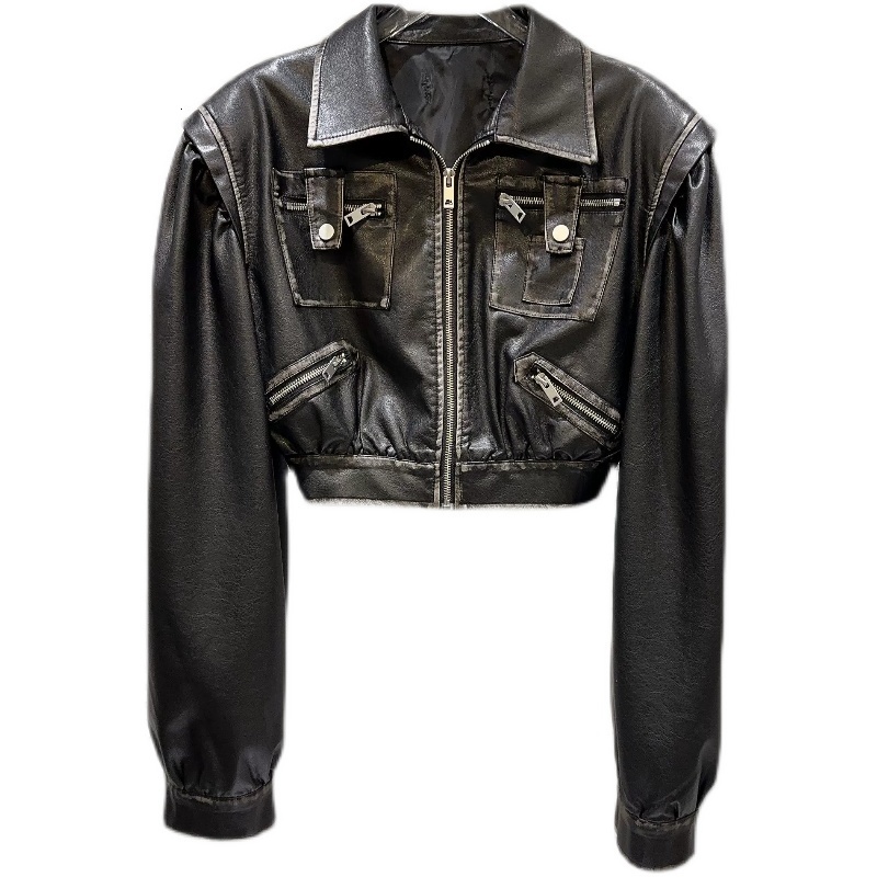 Women's Jackets Autumn Vintage Brushed Lacquered Edge Motorcycle Leather Pu Coat Black Brown Crop Jacket 230912
