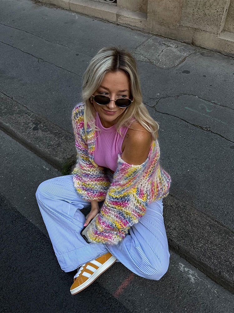 Women's Knits Tees Rainbow Stripe Printed Knitted Cardigan Sweater Women Cropped Crochet Lantern Sleeve Sweater Lady Streetwear Cardigans 230912