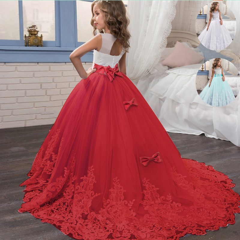Girl's Dresses Red Christmas Dresses for Kids Girls Children's Pageant Performance Formal Gown Teen Girls Wedding Party Tailling Long Dress 