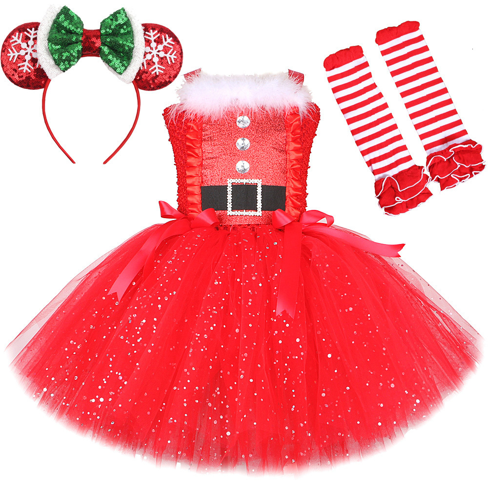 Girl's Dresses Sparkly Christmas Elf Tutu Dress for Girls Santa Claus Costumes for Kids Birthday Halloween Outfit Children Xmas Holiday Clothes 2