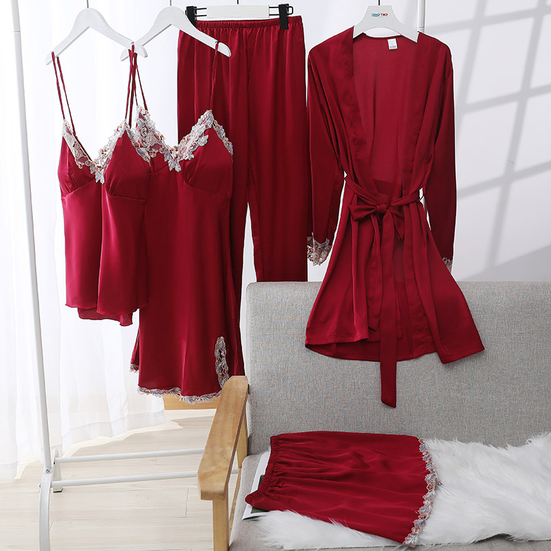 Sleepwear Hiloc Tassel Splicing Women Pama Pink Satin Women's Nightwear With Belt Sexy V-Neck Pijama Sets Pants Loose Five Piece Set Of Pamas