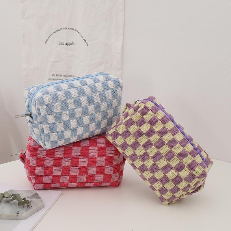 Cosmetic Bags Cases Ins Checkerboard Knitted Cosmetic Bag For Women Large-Capacity Lattice Makeup Bags Plaid multi-function storage Organizer Pouch 23