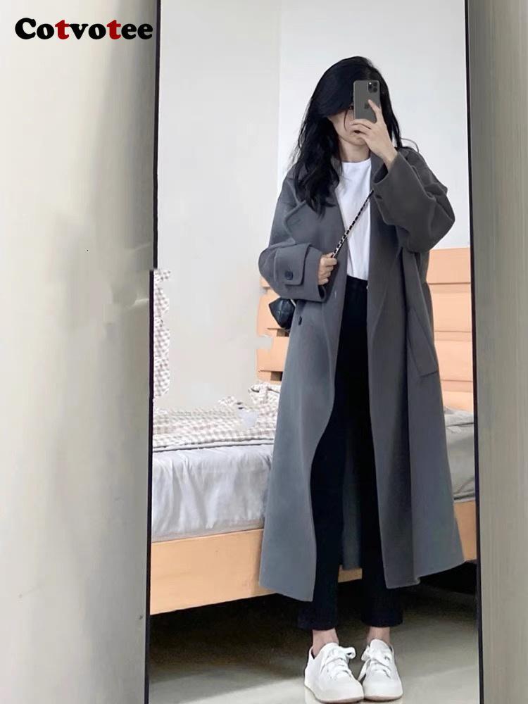 Women's Wool Blends Cotvotee Long Wool Coat Women Autumn Winter Fashion Long Sleeve Turn Down Collar Jacket Casual Button Up Loose Coats 230912