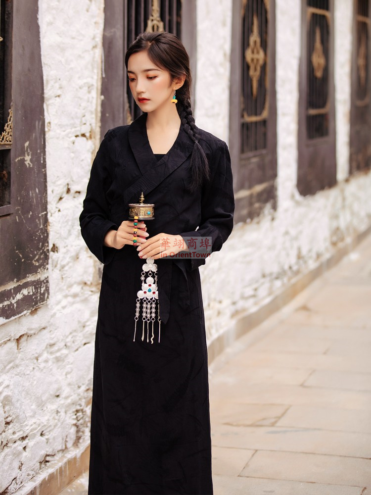 Red Tibet Clothing Lady Long Sleeve Slim Fit Bo La Dress Tibetan Girl Bola Long Robe Kangba Traditional Fashion Dance Black Gown