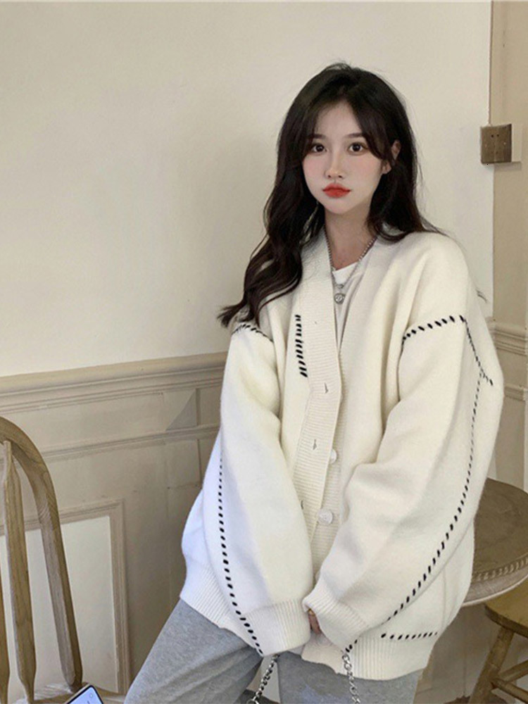 Women's Knits Tees Casual Knitted Cardigan Women Contrast Braided Stripe Long Sleeve Female Sweater Autumn All-match Single-breasted Coat 230912