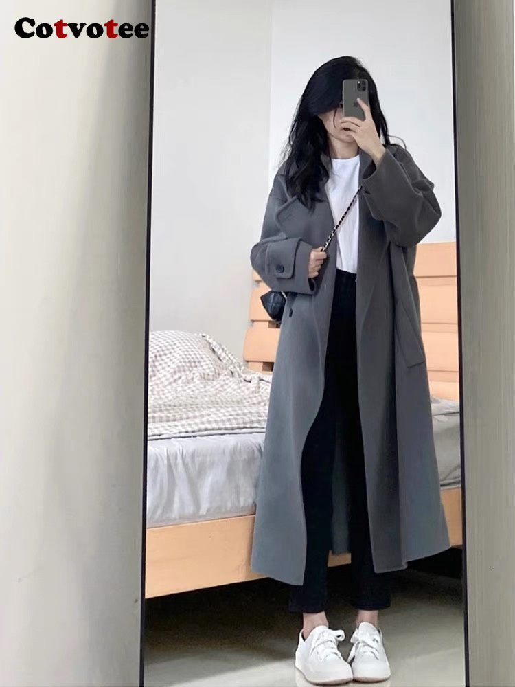 Women's Wool Blends Cotvotee Long Wool Coat Women Autumn Winter Fashion Long Sleeve Turn Down Collar Jacket Casual Button Up Loose Coats 230912