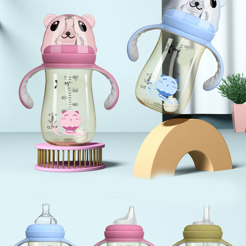 Baby Bottles# TriplUse Bottle Cartoon Strap Portable Drinking Straw Special Water Cup Children 300ml Handle Milk Feeding Bot 230914