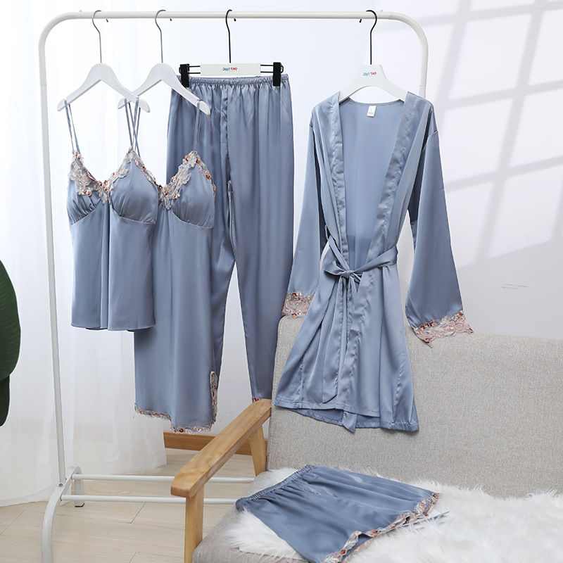 Sleepwear Hiloc Tassel Splicing Women Pama Pink Satin Women's Nightwear With Belt Sexy V-Neck Pijama Sets Pants Loose Five Piece Set Of Pamas