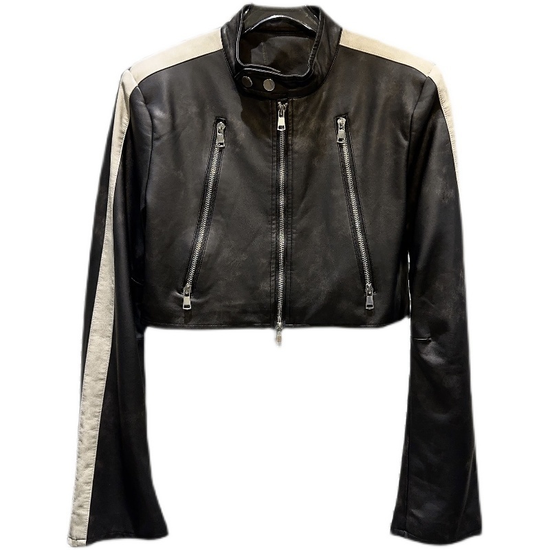 Women's Jackets Autumn Double Zipper Leather Pu Jacket Brown Black Crop Coat 230912