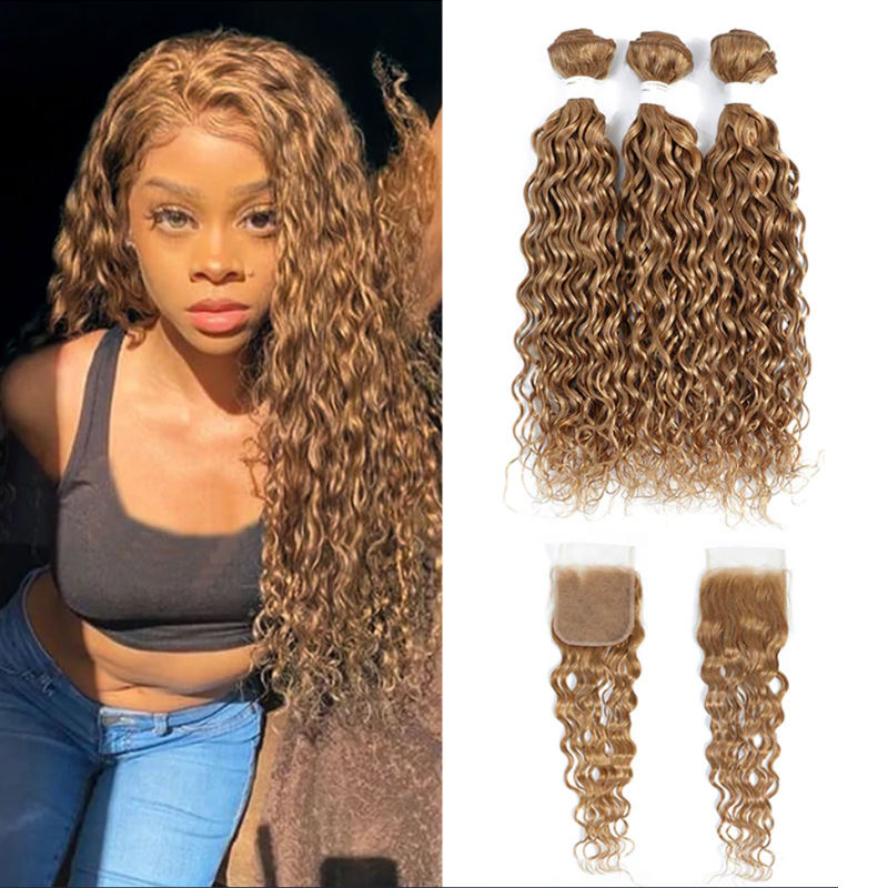 Malaysian Virgin Human Hair 27# Color Bundles With 4X4 Lace Frontal Water Wave 4 Pcs/Lot 10-30inch