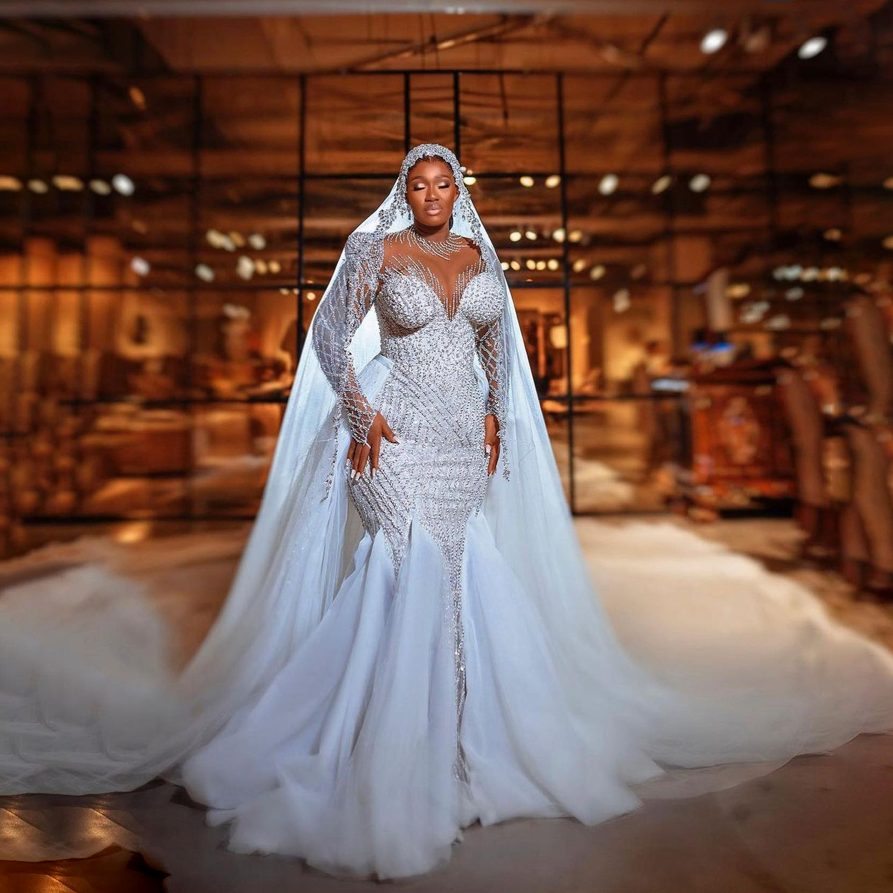 Stylish Ball Gown Evening Dresses Long-Sleeve High Neck Shine Beads Sequins Straps Appliques Lace Plus Size Bridal Gowns Dress D-H23290