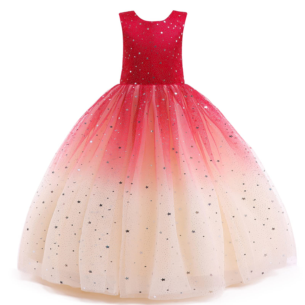 Pretty Princess Gradient Girl Dresses Star Sequins Buttons Ball Gown Tulle Girls Pageant Gown Communion For Wedding Formal Party F06
