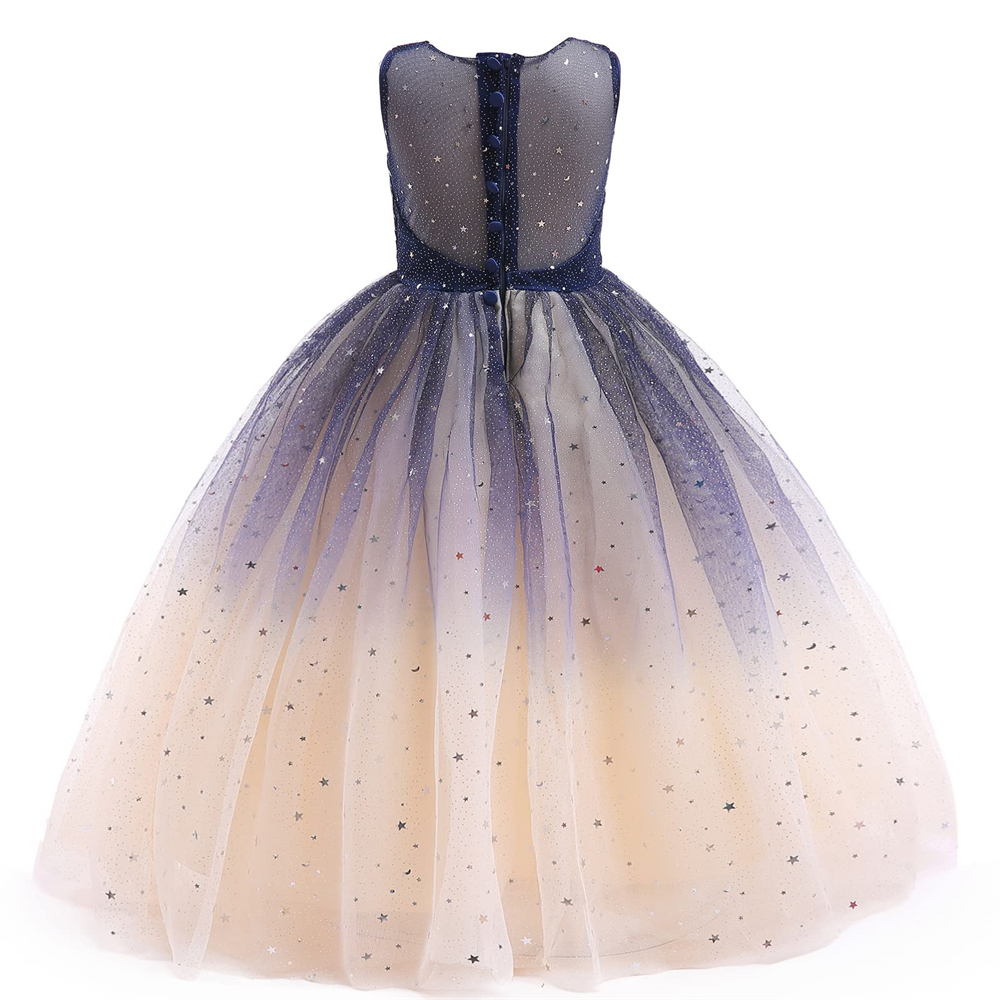 Pretty Princess Gradient Girl Dresses Star Sequins Buttons Ball Gown Tulle Girls Pageant Gown Communion For Wedding Formal Party F06