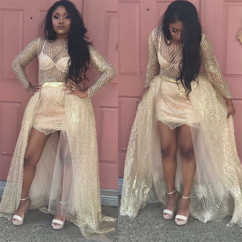Rose Gold Sequin Hi Low Prom Dress 2023 See Through Long Sleeve Black Girls Cocktail Party Dress Luxe Graduation Evening Formal Elegant Women Dinner C