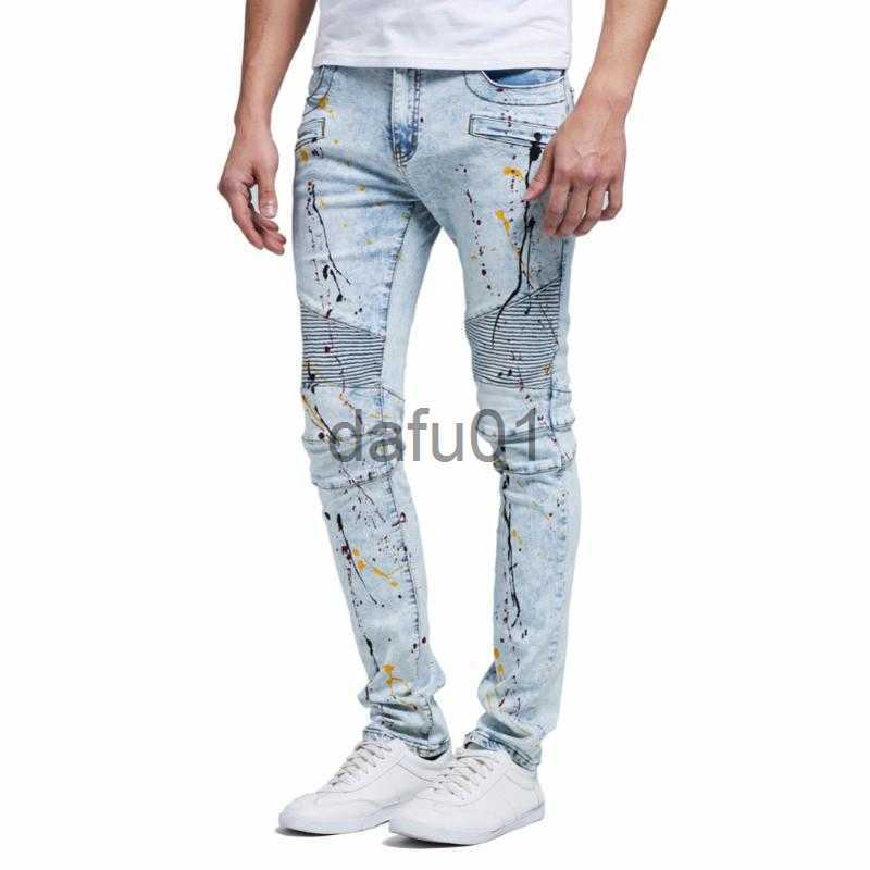Men's Jeans Hip-hop Skinny Jeans Men Pleated Zipper Spliced Painted Splash-Ink Denim Casual Penicl Pants Tide228k x0914 x0911