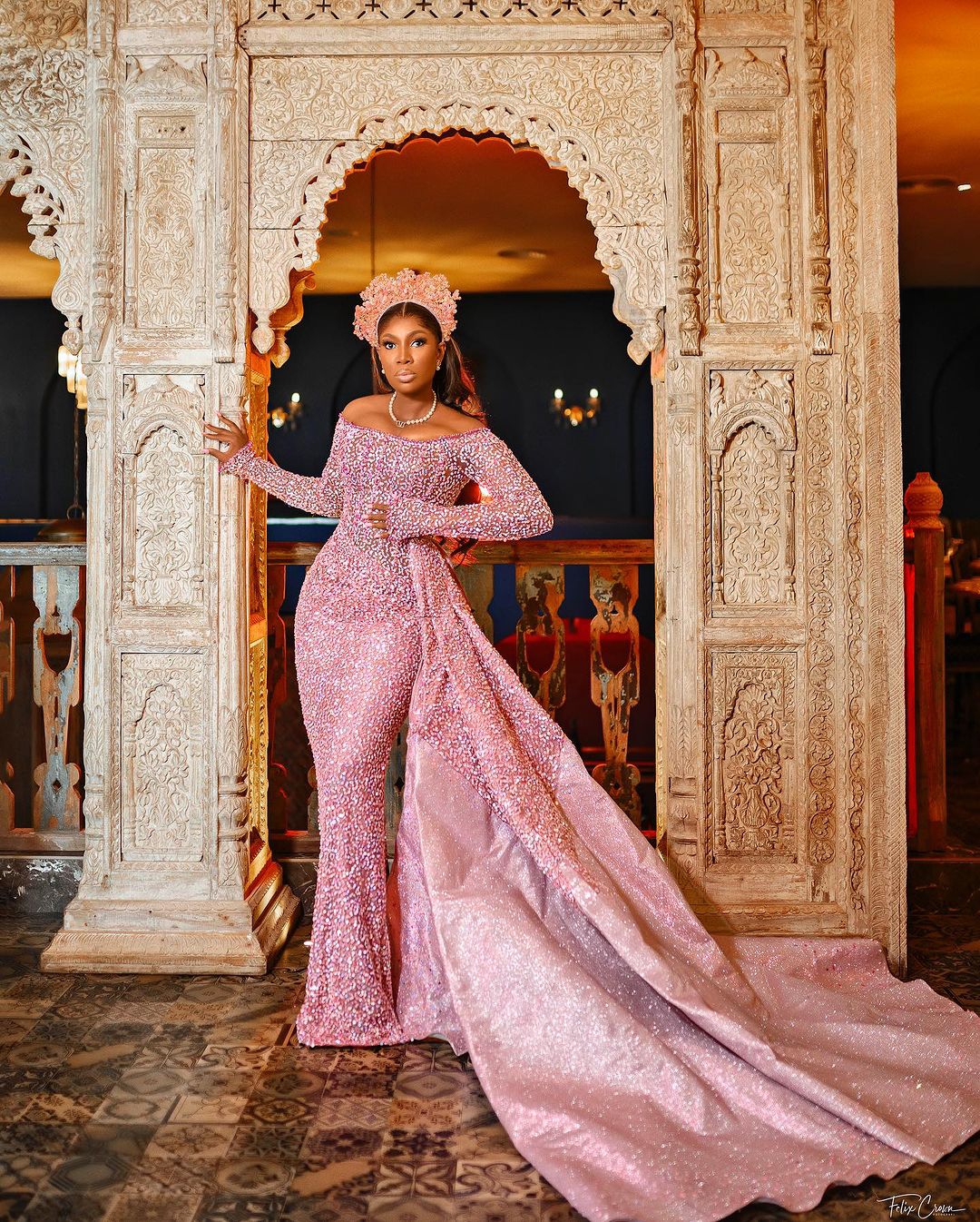 Elegant Pink Mermaid Evening Dresses New Luxury Shine Sequined Beads Sweep Train Pearls Plus Size Prom Gowns Size Custom Made D-H23296