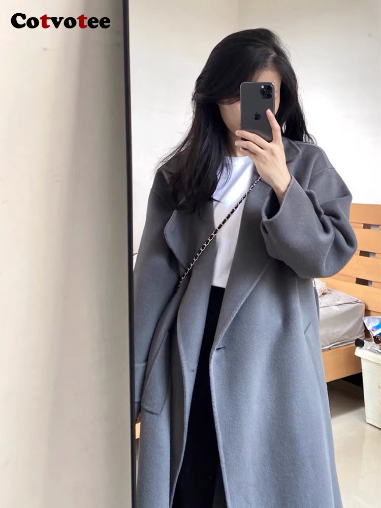 Women's Wool Blends Cotvotee Long Wool Coat Women Autumn Winter Fashion Long Sleeve Turn Down Collar Jacket Casual Button Up Loose Coats 230912