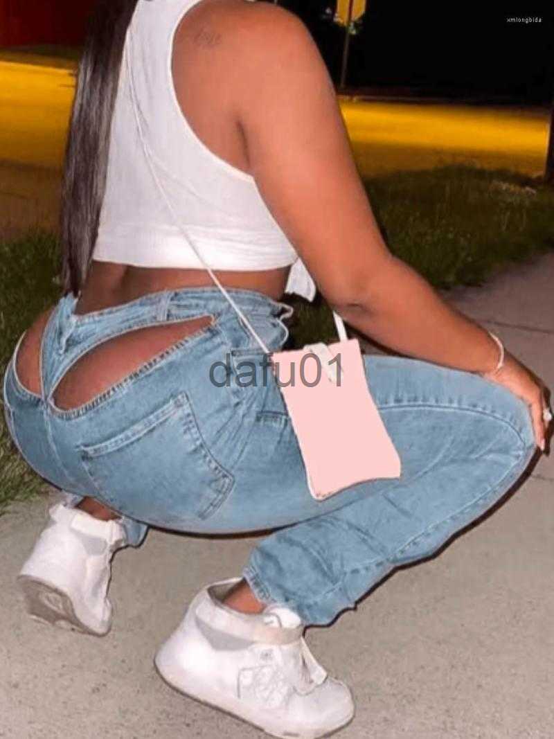 Women's Jeans Women's Jeans LW Mid Waist Cut Out Stretchy Wash Light Blue Back Hollow-out Denim Pants Women Fashion Streetwears Sexy Zipper 