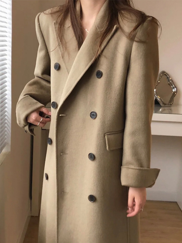 Women's Wool Blends Korea East Gate Suit Collar Double sided Fleece Coat Women's Mid length Double breasted Fleece Coat 230912