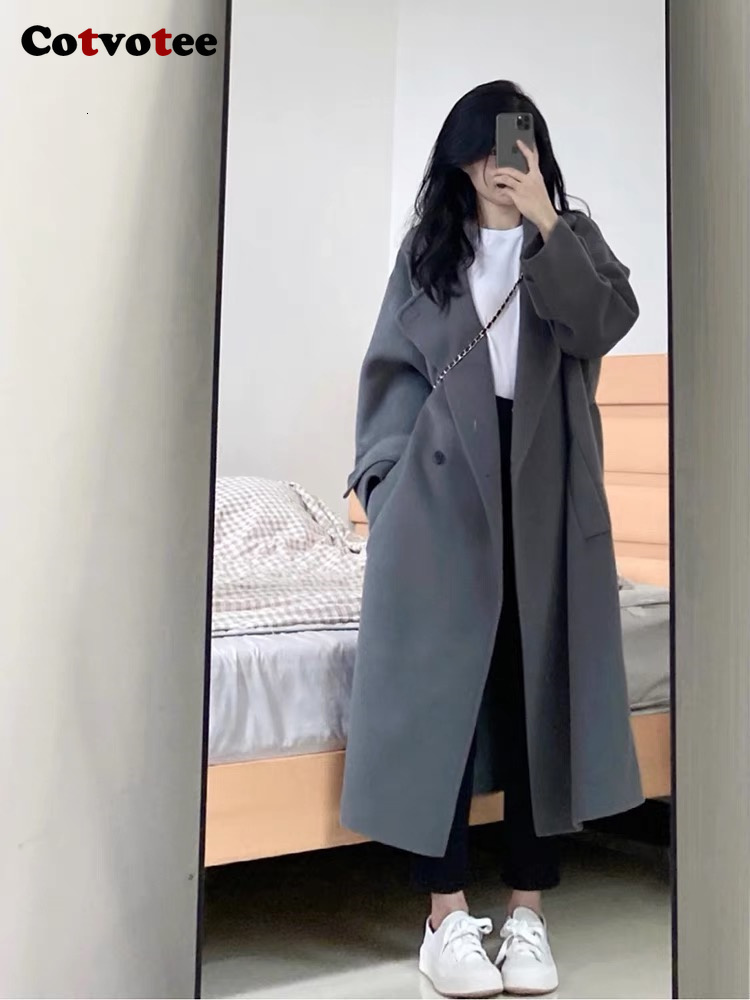 Women's Wool Blends Cotvotee Long Wool Coat Women Autumn Winter Fashion Long Sleeve Turn Down Collar Jacket Casual Button Up Loose Coats 230912