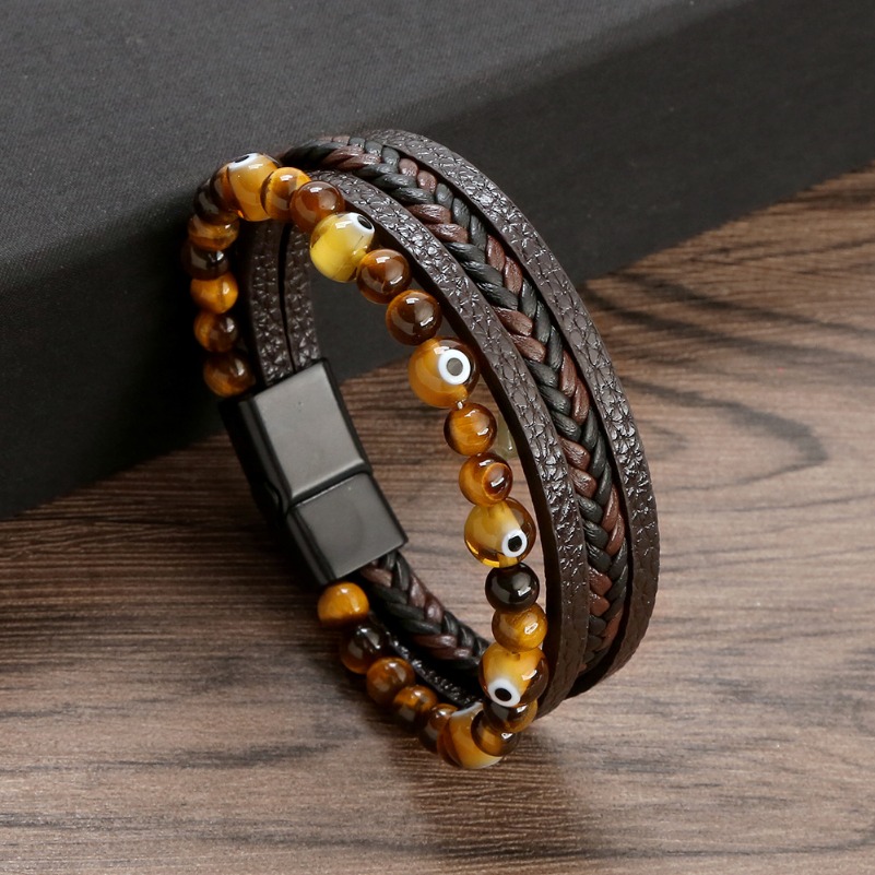 Retro Tiger Eye Natural Stone Beads Leather Bracelet Beaded Multi-layer Wrap Bracelets Bangle Cuff Wristband for Men Hiphop Jewelry