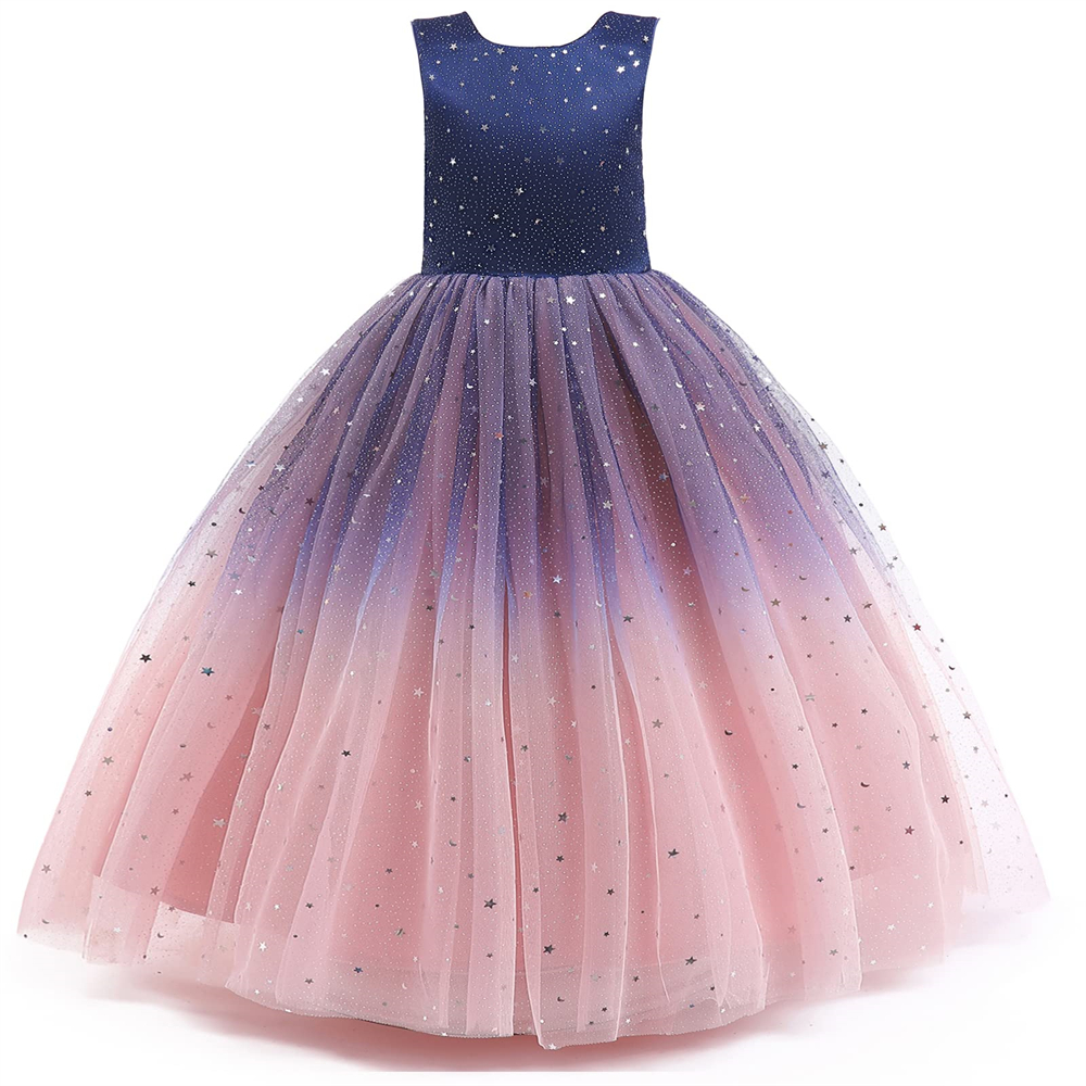 Pretty Princess Gradient Girl Dresses Star Sequins Buttons Ball Gown Tulle Girls Pageant Gown Communion For Wedding Formal Party F06