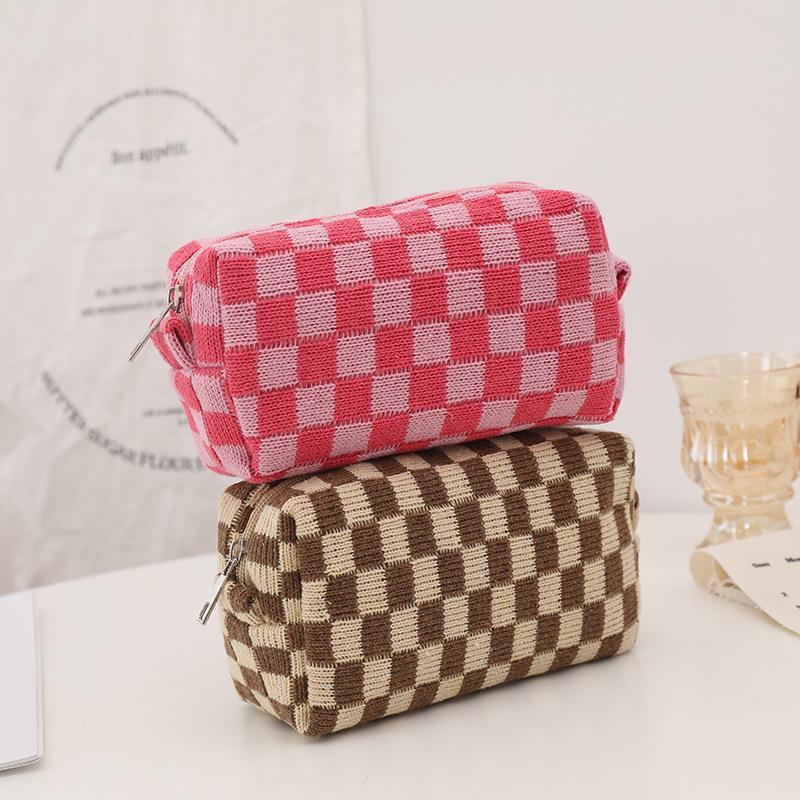 Cosmetic Bags Cases Ins Checkerboard Knitted Cosmetic Bag For Women Large-Capacity Lattice Makeup Bags Plaid multi-function storage Organizer Pouch 23