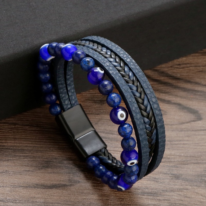 Retro Tiger Eye Natural Stone Beads Leather Bracelet Beaded Multi-layer Wrap Bracelets Bangle Cuff Wristband for Men Hiphop Jewelry