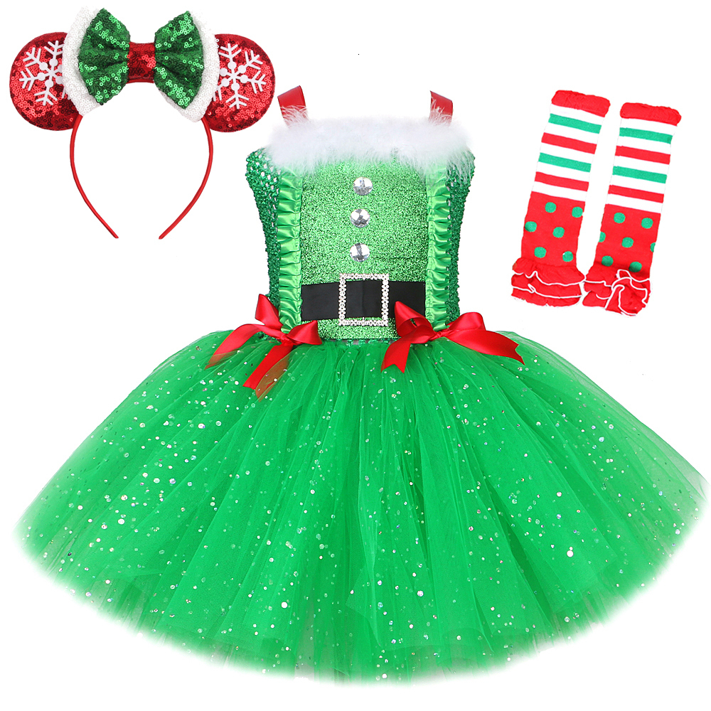 Girl's Dresses Sparkly Christmas Elf Tutu Dress for Girls Santa Claus Costumes for Kids Birthday Halloween Outfit Children Xmas Holiday Clothes 2
