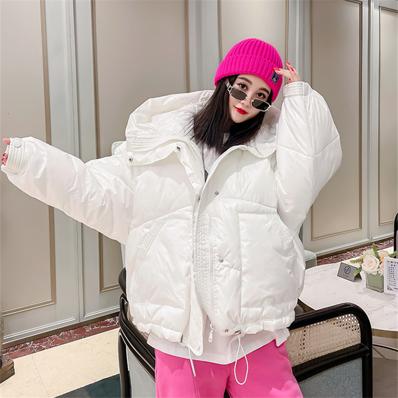 Women's Down Parkas Winter Warm Loose Short Hooded Big Pocket Cotton Padded Coat Women Fashion White Pink Blue Green Cotton Parkas Jackets Female