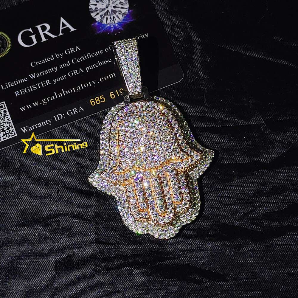 Pass Diamond Tester Iced Out 3inch Rose and White Gold Plated Hand Pendant 925 Sterling Silver Vvs Moissanite Hamsa Pendants