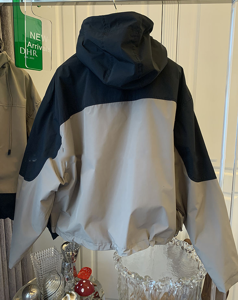 Women's Jackets Autumn Winter Hooded Windbreak Jackets Female Vintage Zipper Loose Women's Jacket Panelled Color Splices Basic Coat Women 23