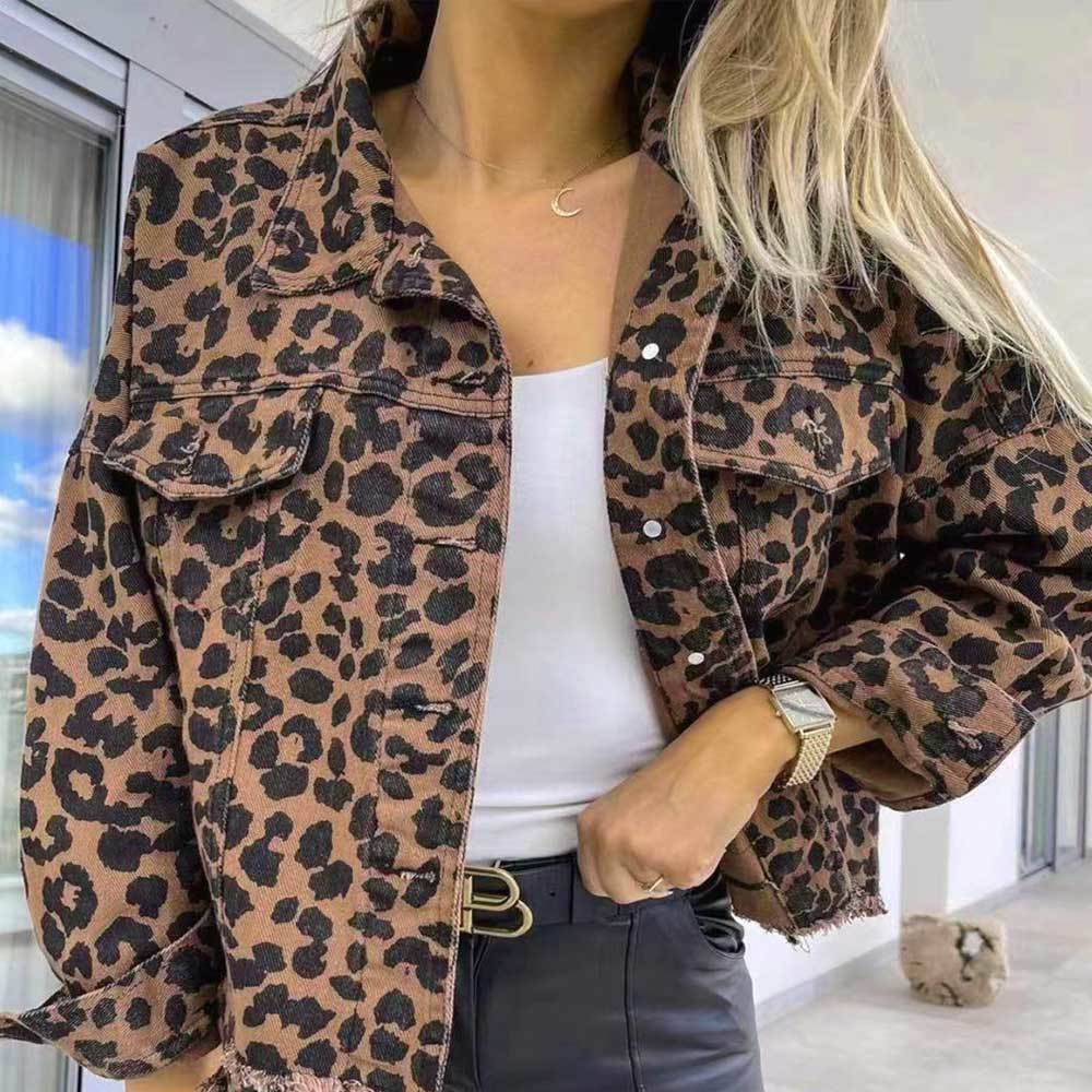 Women's Jackets Denim Coat Fall Vintage Furred Leopard Print Short Long-sleeved Single-breasted Denim Jacket For Women 230912
