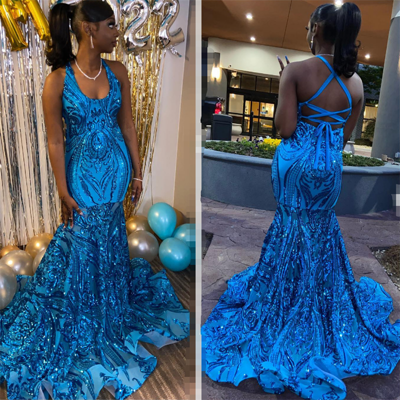 Black Girls Blue Sequin Prom Dress 2023 Glitter Mermaid Evening Dress Cross Backless Birthday Formal Occasion Dress Maxi Party Vestidos De Noche Robes