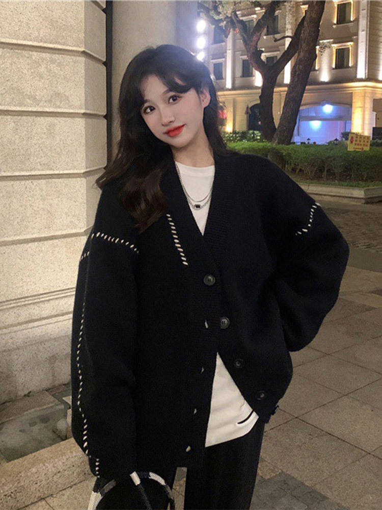 Women's Knits Tees Casual Knitted Cardigan Women Contrast Braided Stripe Long Sleeve Female Sweater Autumn All-match Single-breasted Coat 230912