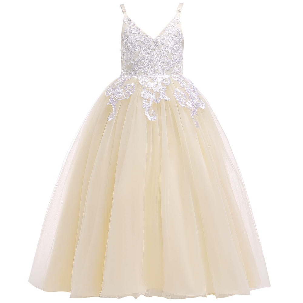 Pretty Princess Girl Dresses V-Neck Backless Appliques Bow Ball Gown Tulle Girls Pageant Gown Communion For Wedding Formal Party F08