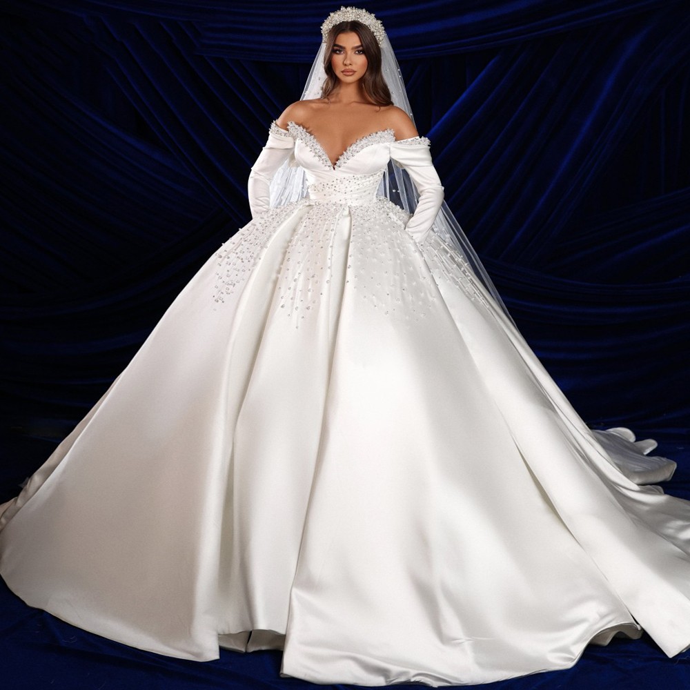 Sexy Deep V-Neck Wedding Dresses Stylish Handmade pearls Ball Gown Long-Sleeve Lace Satin Plus Size Brush Train Bridal Gowns Dress