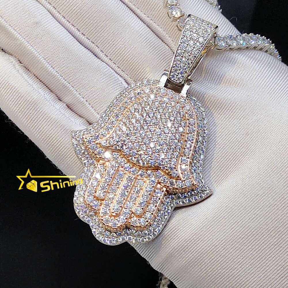 Pass Diamond Tester Iced Out 3inch Rose and White Gold Plated Hand Pendant 925 Sterling Silver Vvs Moissanite Hamsa Pendants