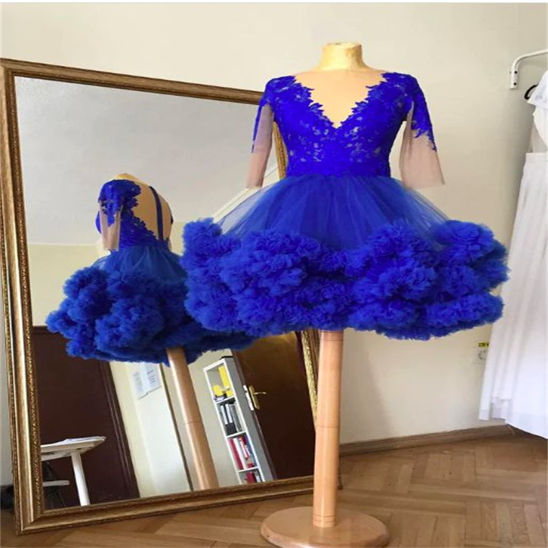 Luxury Royal Blue Homecoming Dress 2023 V Neck Half Sleeve Lace Short Evening Dress Ruffles Bottom Birthday Party Cocktail Prom Holiday Graduation Dre