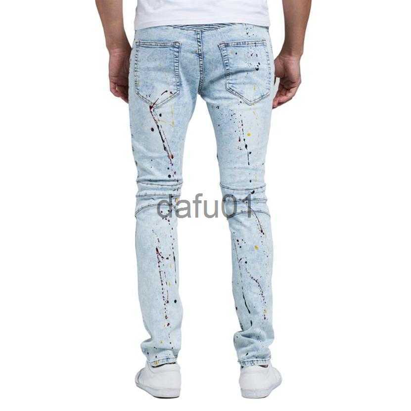 Men's Jeans Hip-hop Skinny Jeans Men Pleated Zipper Spliced Painted Splash-Ink Denim Casual Penicl Pants Tide228k x0914 x0911