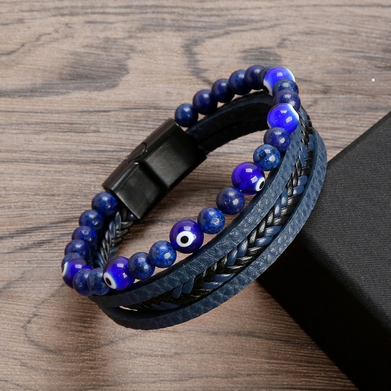 Retro Tiger Eye Natural Stone Beads Leather Bracelet Beaded Multi-layer Wrap Bracelets Bangle Cuff Wristband for Men Hiphop Jewelry