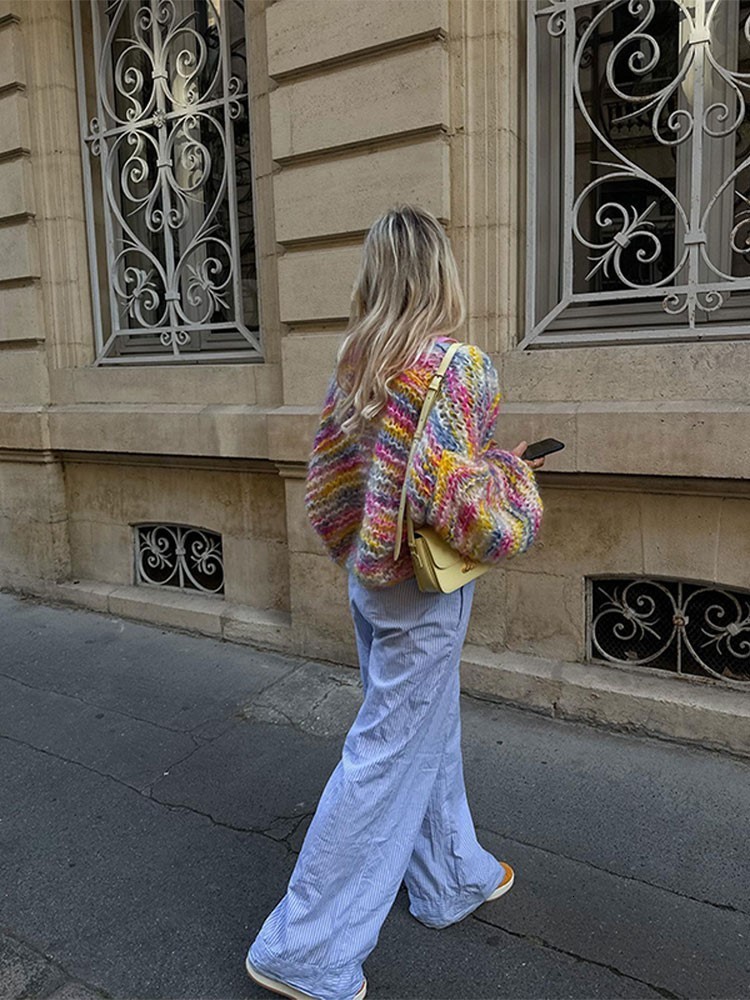 Women's Knits Tees Rainbow Stripe Printed Knitted Cardigan Sweater Women Cropped Crochet Lantern Sleeve Sweater Lady Streetwear Cardigans 230912