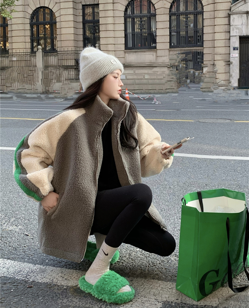 Women's Down Parkas Winter Fall Outwear Casual Fuzzy Sweatshirt Coat Faux Lamb Wool Warm Stand Collar Fleece Womens Vintage Korean Harajuku Cloth