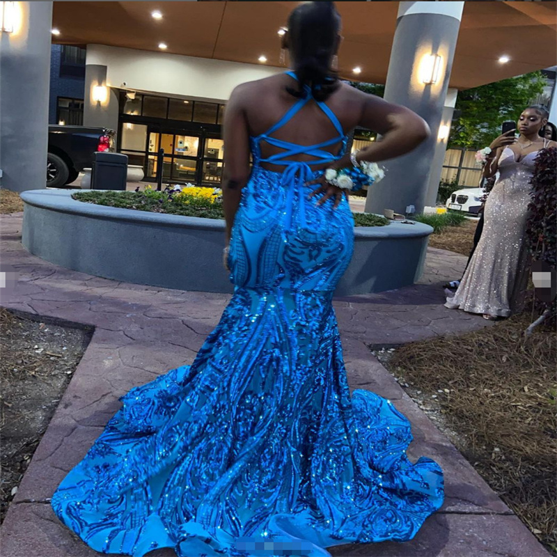 Black Girls Blue Sequin Prom Dress 2023 Glitter Mermaid Evening Dress Cross Backless Birthday Formal Occasion Dress Maxi Party Vestidos De Noche Robes