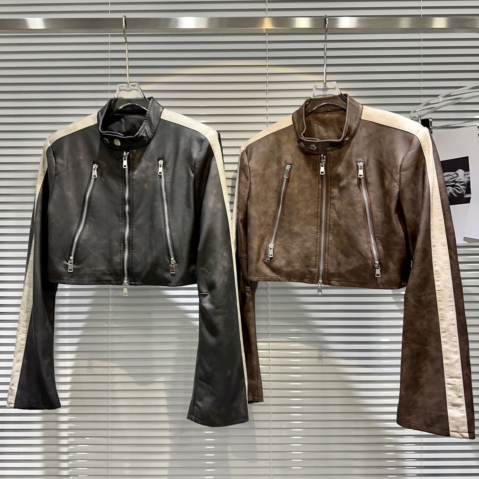Women's Jackets Autumn Double Zipper Leather Pu Jacket Brown Black Crop Coat 230912