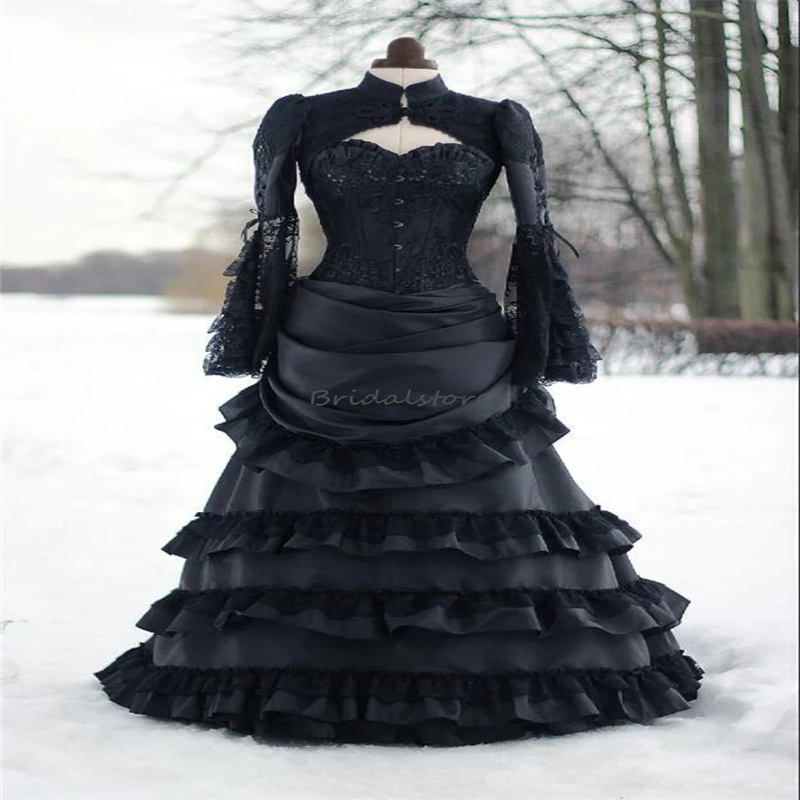 Black Renaissance Victorian Gothic Wedding Dress 2023 With Jacket Corset Vintage Aesthetic Medieval Bridal Dress Vampire Bride Robe De Mariee Vestidos